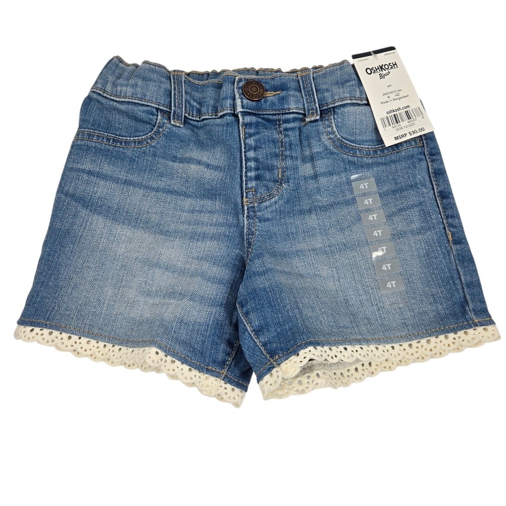 OshKosh Bgosh Toddler Girls 4T Blue Denim Shorts w Lace Eyelet Trim 2N014510 NWT